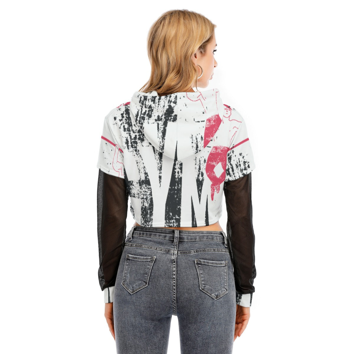 All-Over Print Women's Fake Two-piece Mesh Sleeve Cropped Hoodie