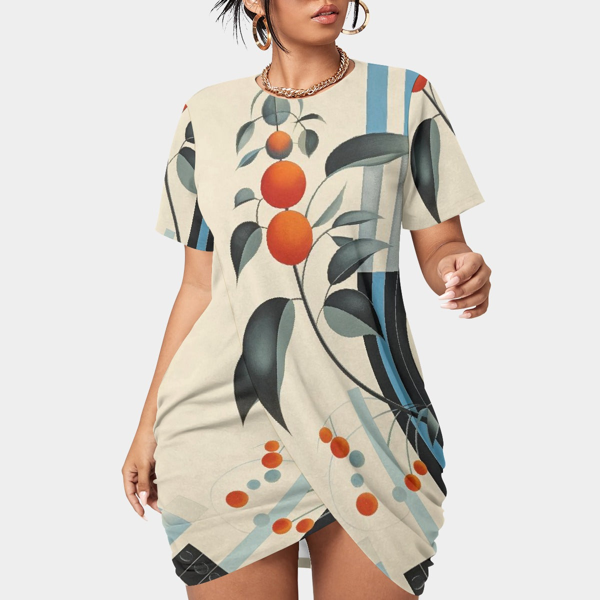 All-Over Print Women’s Stacked Hem Dress With Short Sleeve（Plus Size）