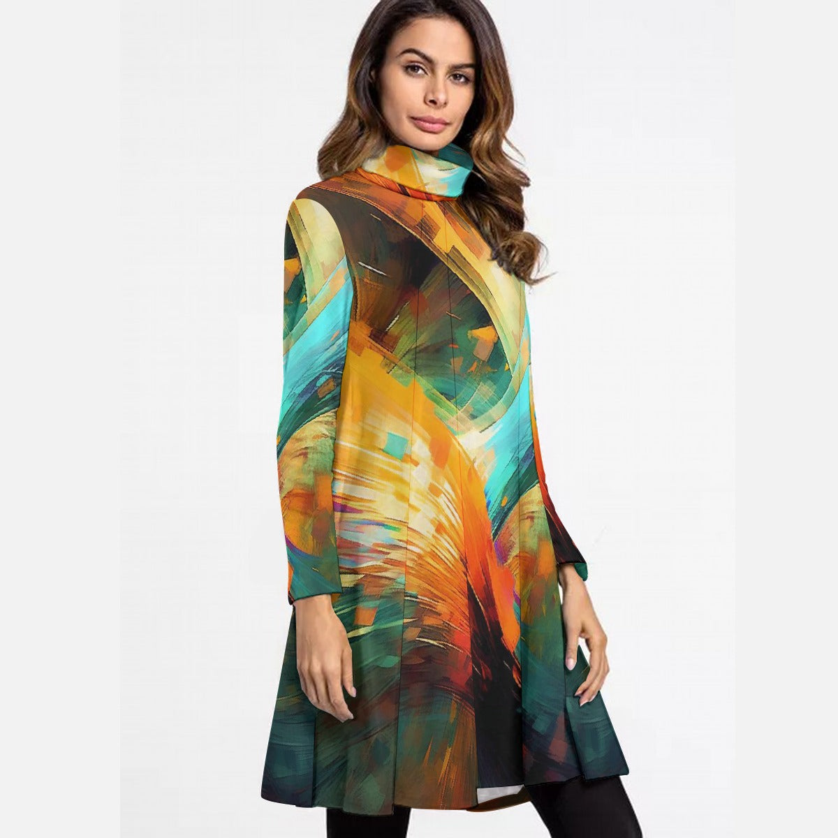 All-Over Print Women's High Neck Dress With Long Sleeve