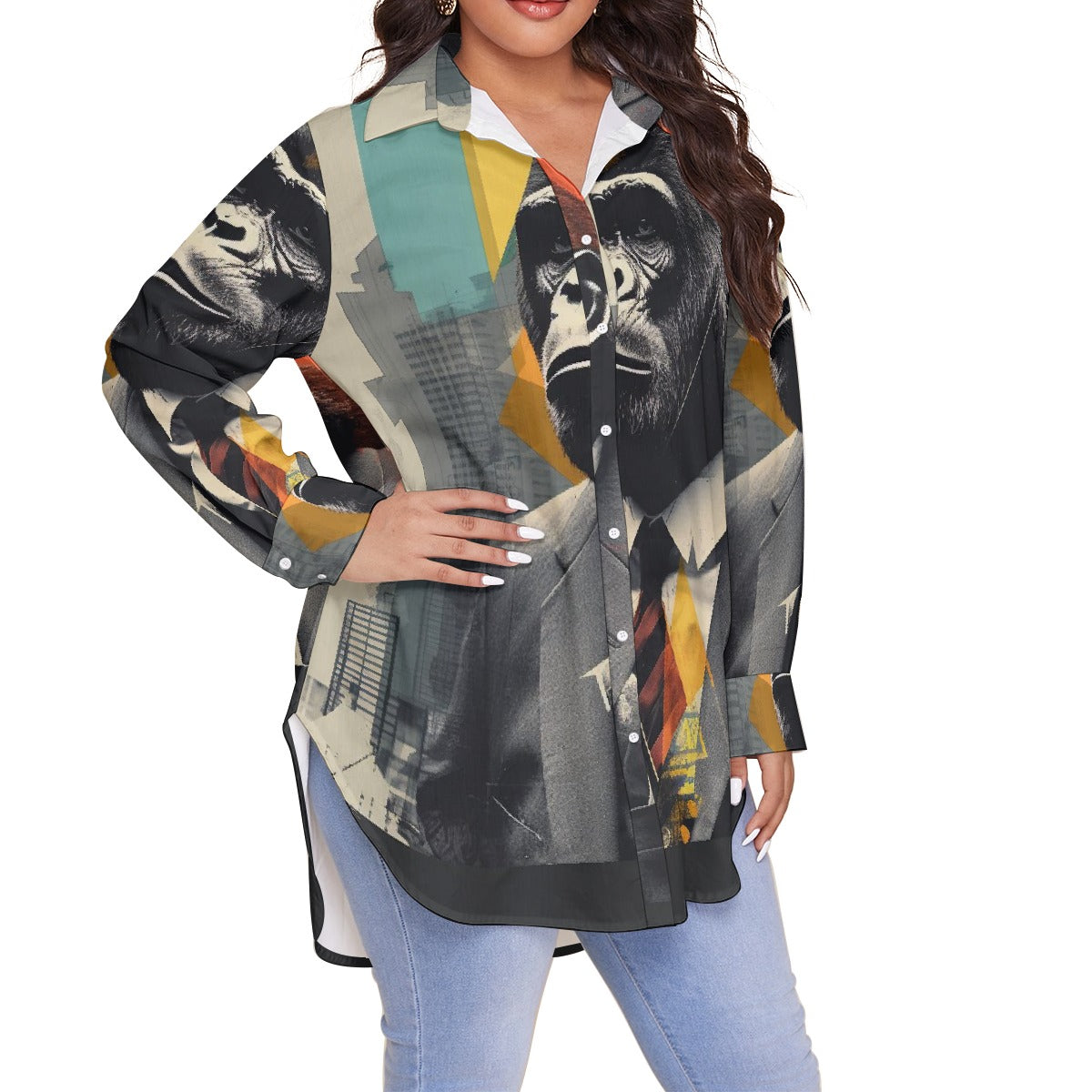 All-Over Print Women's Shirt With Long Sleeve(Plus Size)