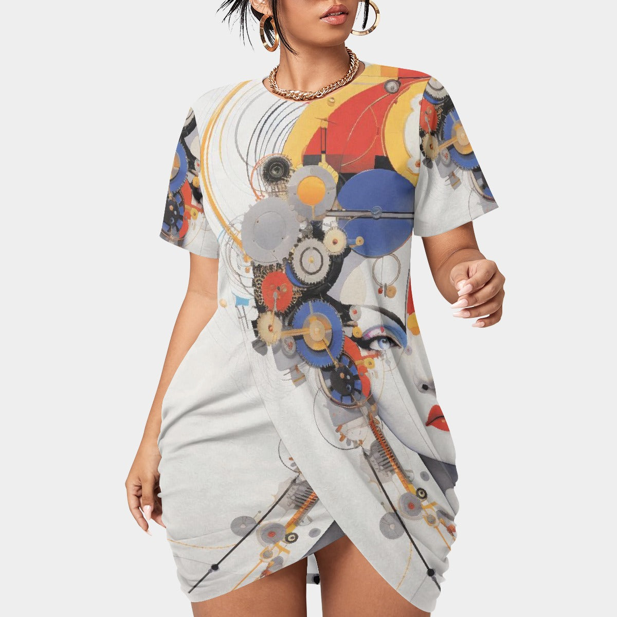 All-Over Print Women’s Stacked Hem Dress With Short Sleeve（Plus Size）