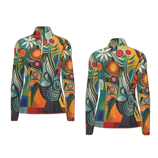 All-Over Print Women's Sports Collar Jersey With Long Sleeve