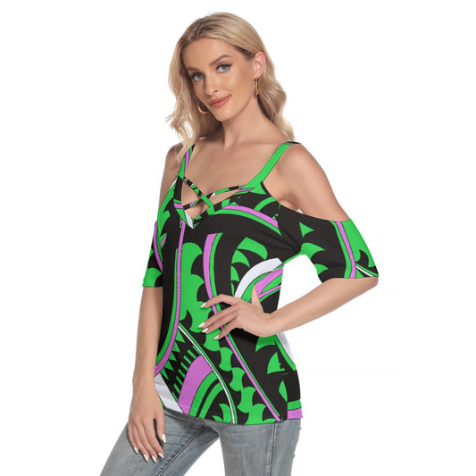 All-Over Print Women's Cold Shoulder T-shirt With Criss Cross Strips