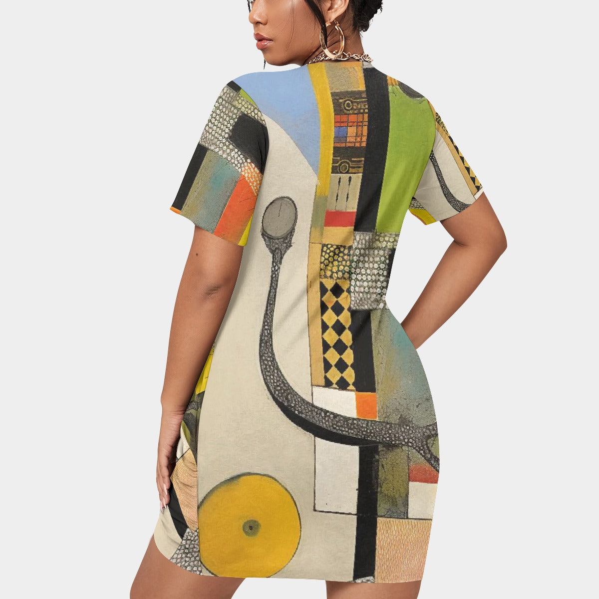 All-Over Print Women’s Stacked Hem Dress With Short Sleeve（Plus Size）