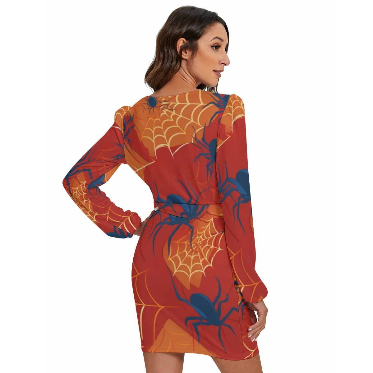 All-Over Print Women's Long Sleeve Dress With Waist Belt