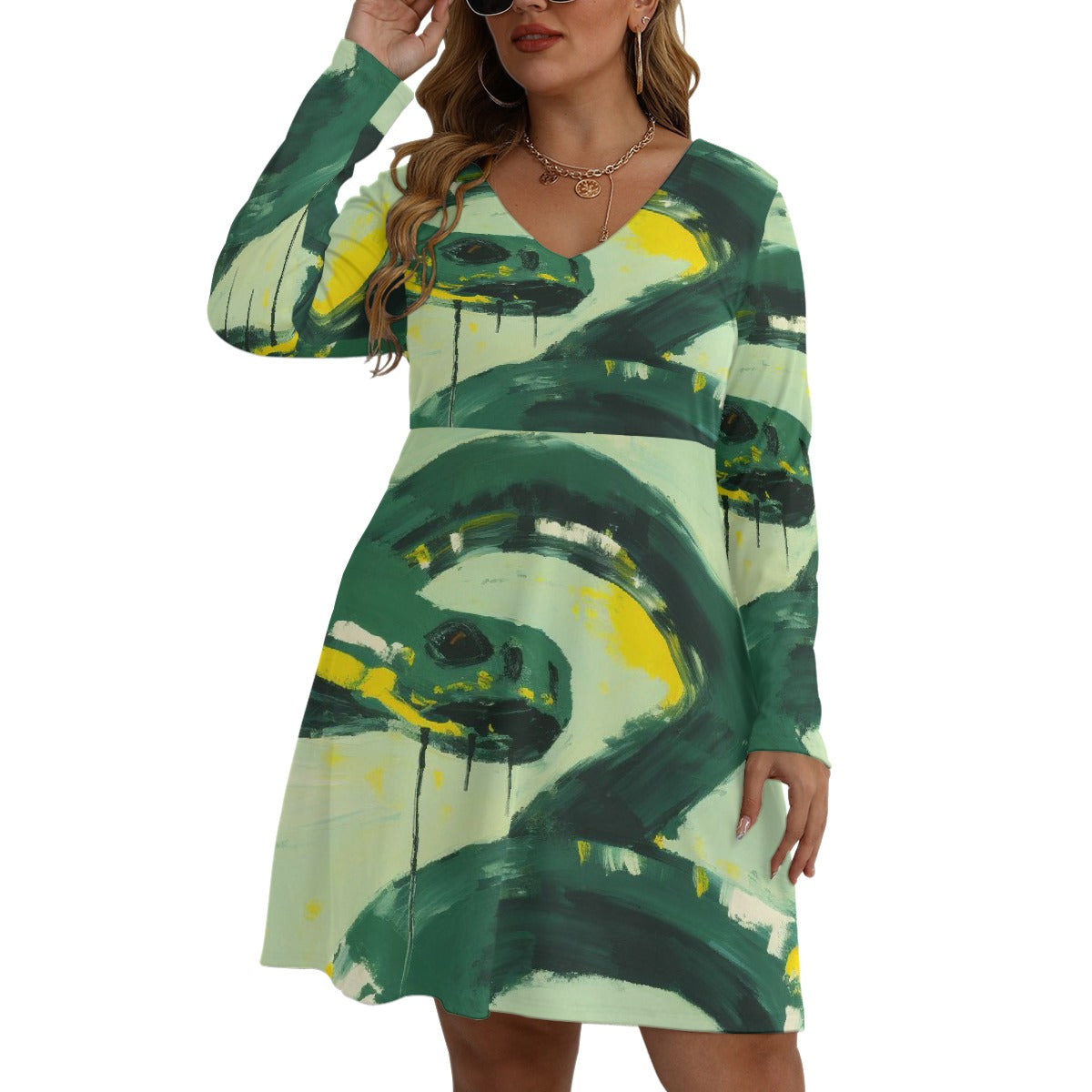 All-Over Print Women's V-neck Long Sleeve Dress(Plus Size)