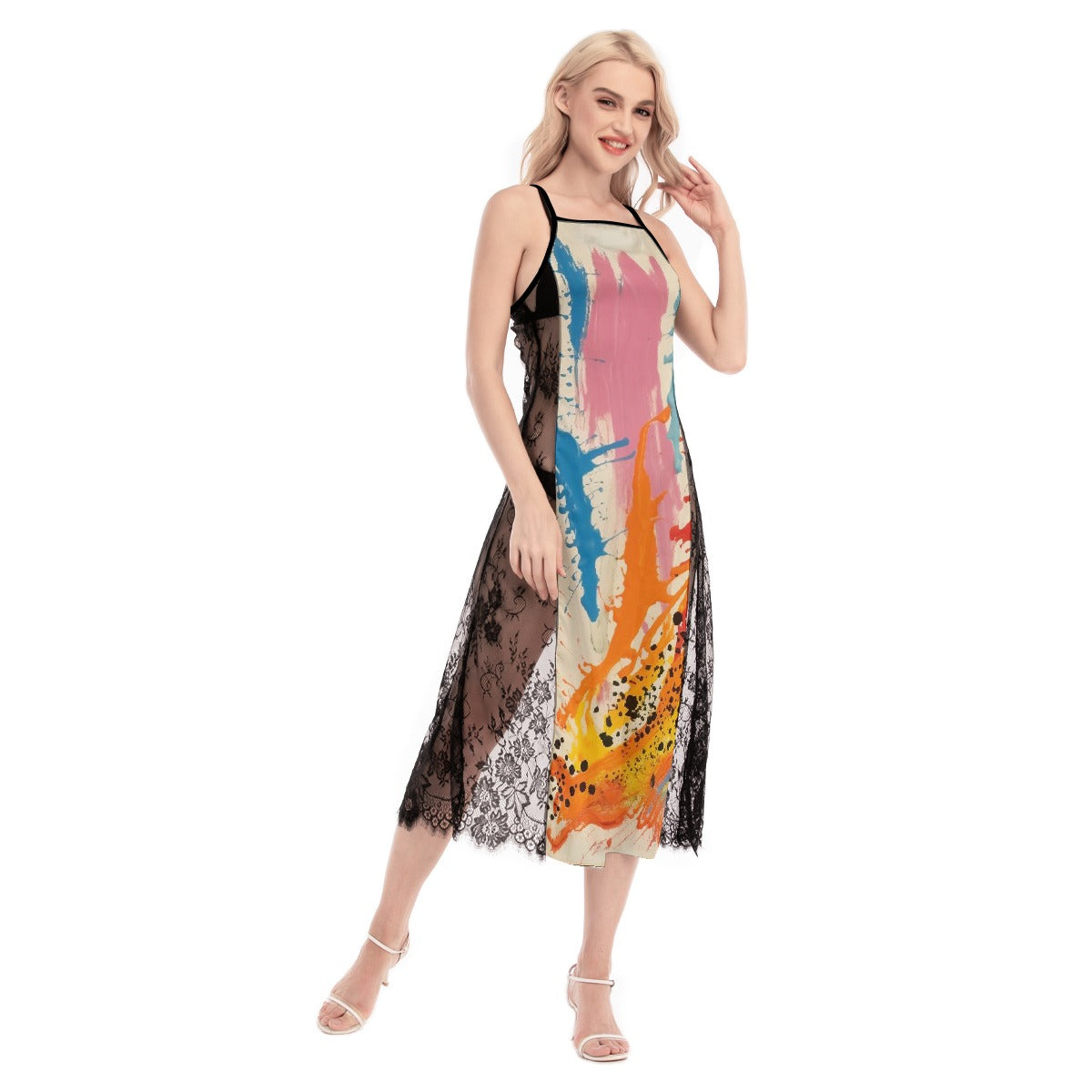 All-Over Print Women's Lace Cami Cross Back Dress