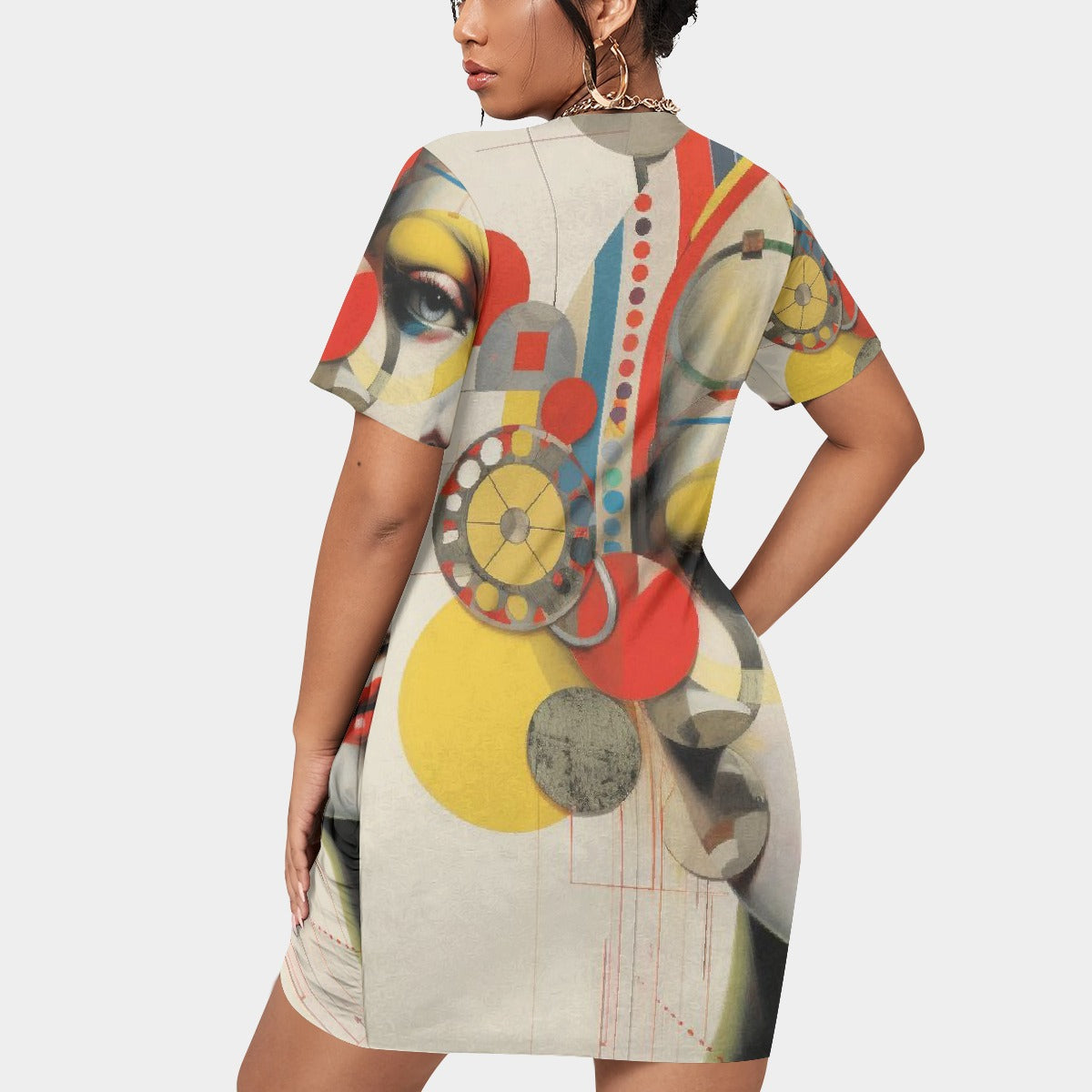 All-Over Print Women’s Stacked Hem Dress With Short Sleeve（Plus Size）