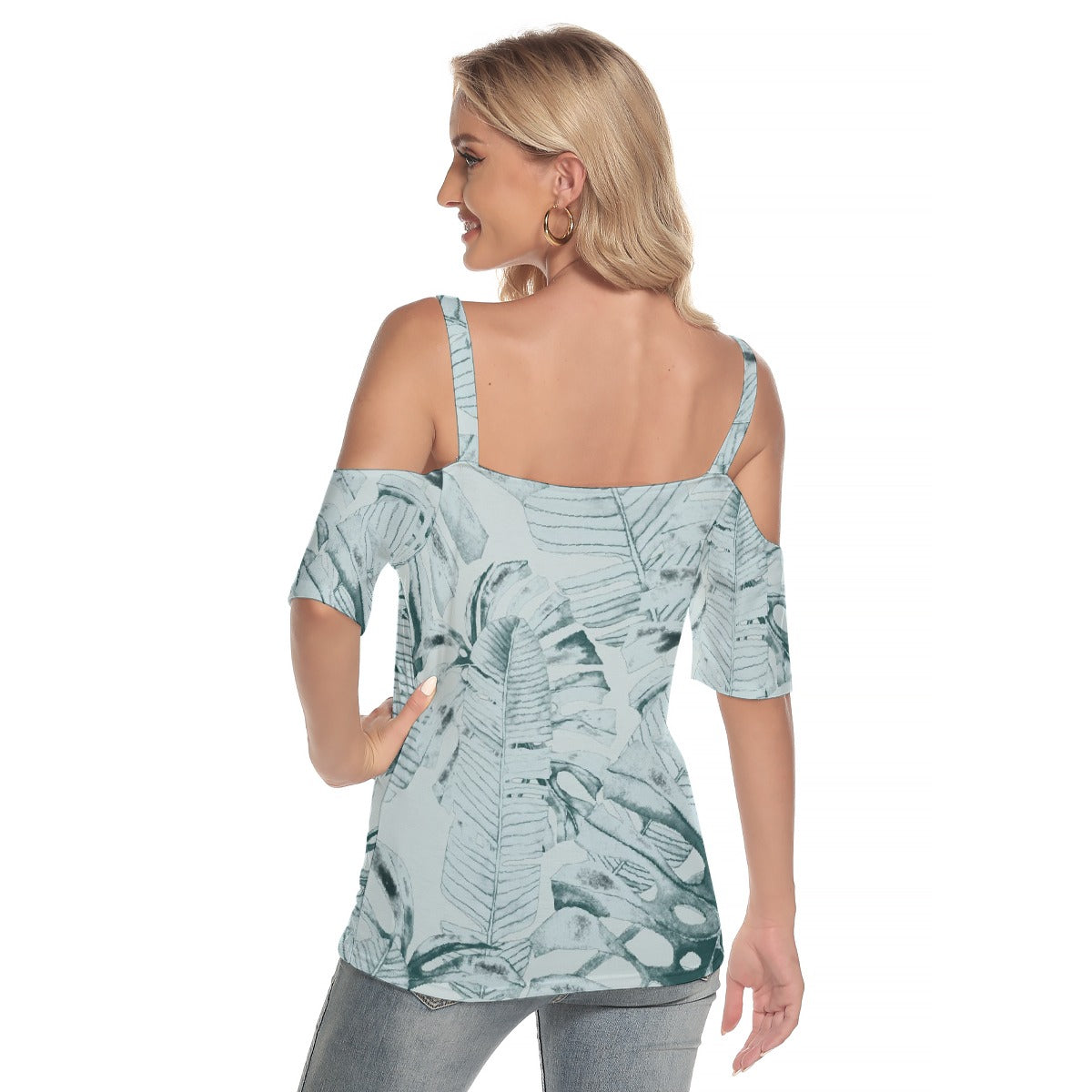 All-Over Print Women's Cold Shoulder T-shirt With Criss Cross Strips