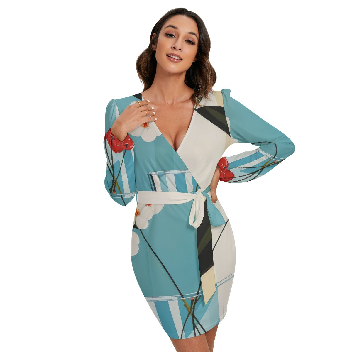 All-Over Print Women's Long Sleeve Dress With Waist Belt