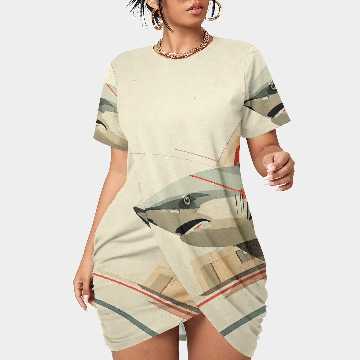 All-Over Print Women’s Stacked Hem Dress With Short Sleeve（Plus Size）