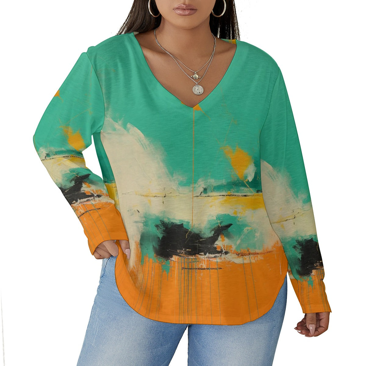 All-Over Print Women's V-neck T-shirt With Curved Hem(Plus Size)