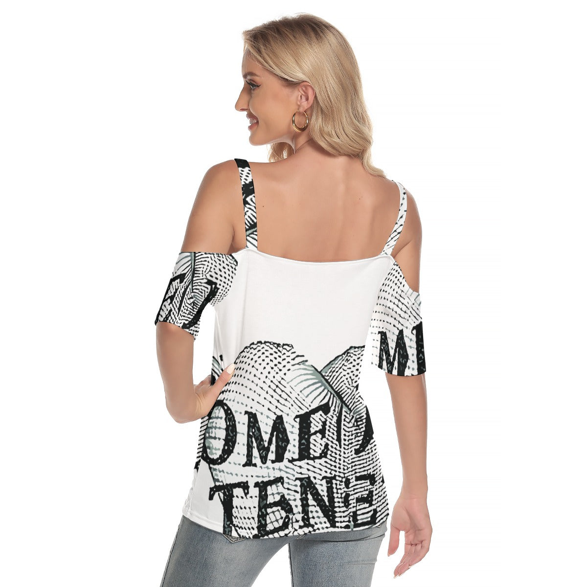 All-Over Print Women's Cold Shoulder T-shirt With Criss Cross Strips