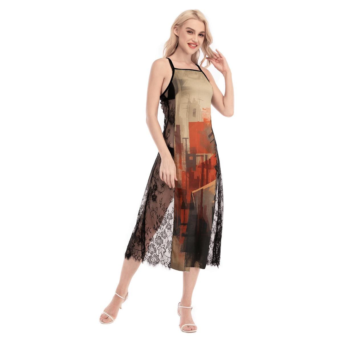 All-Over Print Women's Lace Cami Cross Back Dress