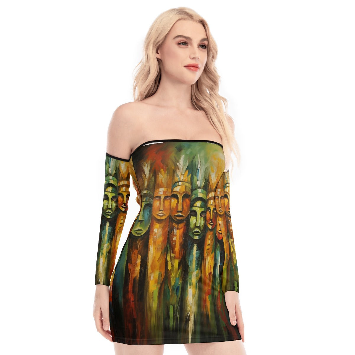 All-Over Print Women's Off-shoulder Back Lace-up Dress