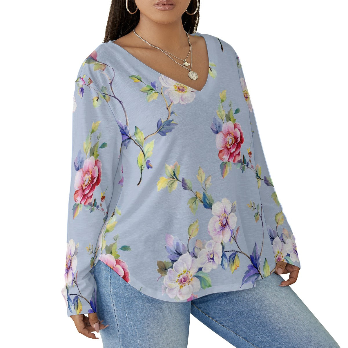 All-Over Print Women's V-neck T-shirt With Curved Hem(Plus Size)