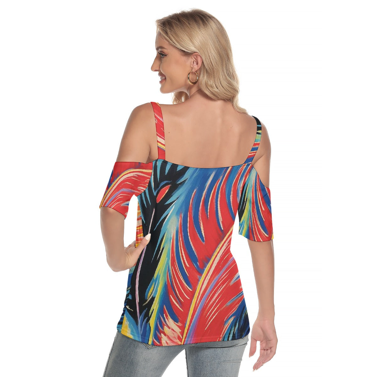 All-Over Print Women's Cold Shoulder T-shirt With Criss Cross Strips