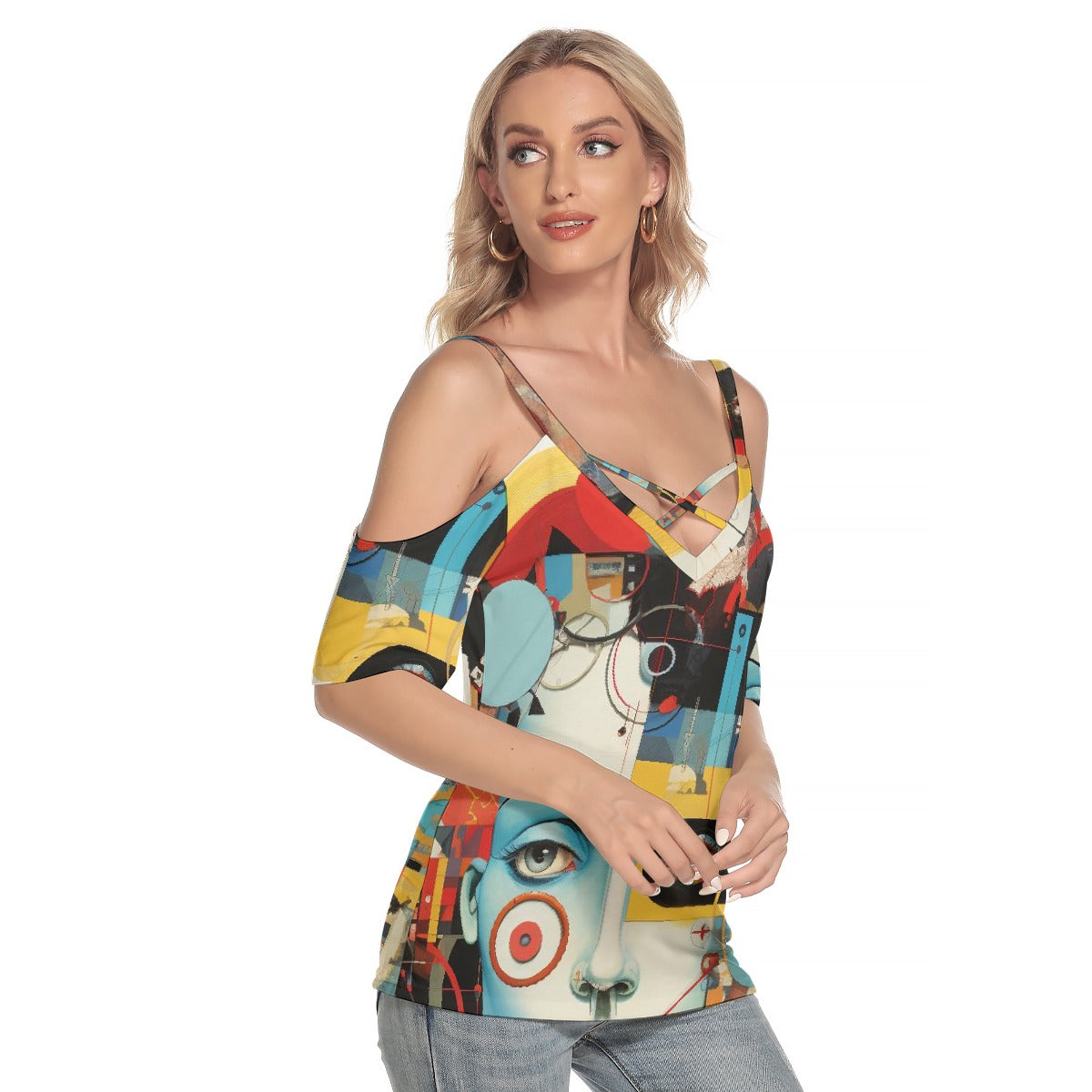 All-Over Print Women's Cold Shoulder T-shirt With Criss Cross Strips