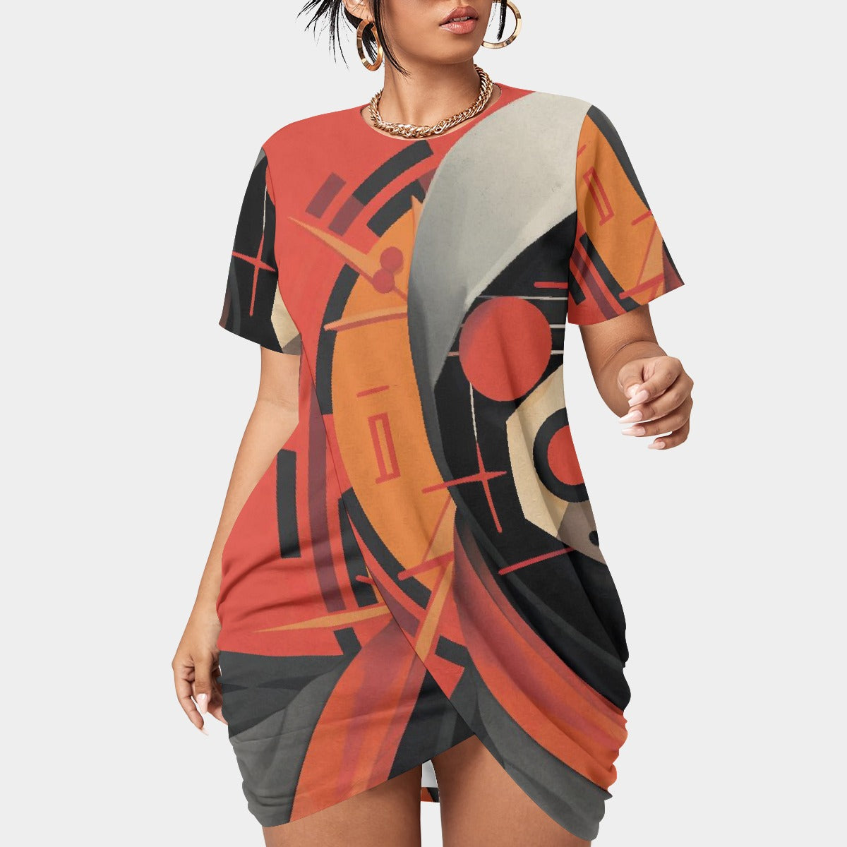 All-Over Print Women’s Stacked Hem Dress With Short Sleeve（Plus Size）