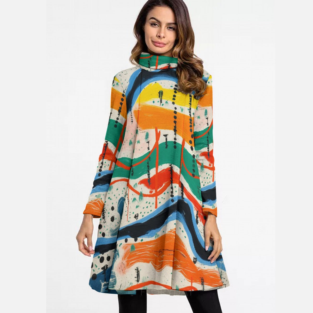 All-Over Print Women's High Neck Dress With Long Sleeve