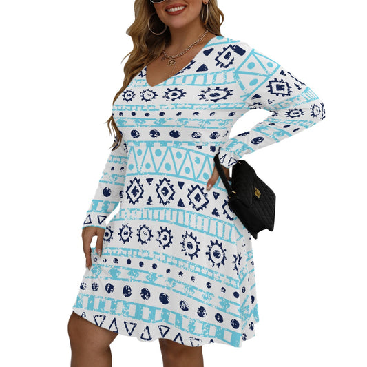 All-Over Print Women's V-neck Long Sleeve Dress(Plus Size)