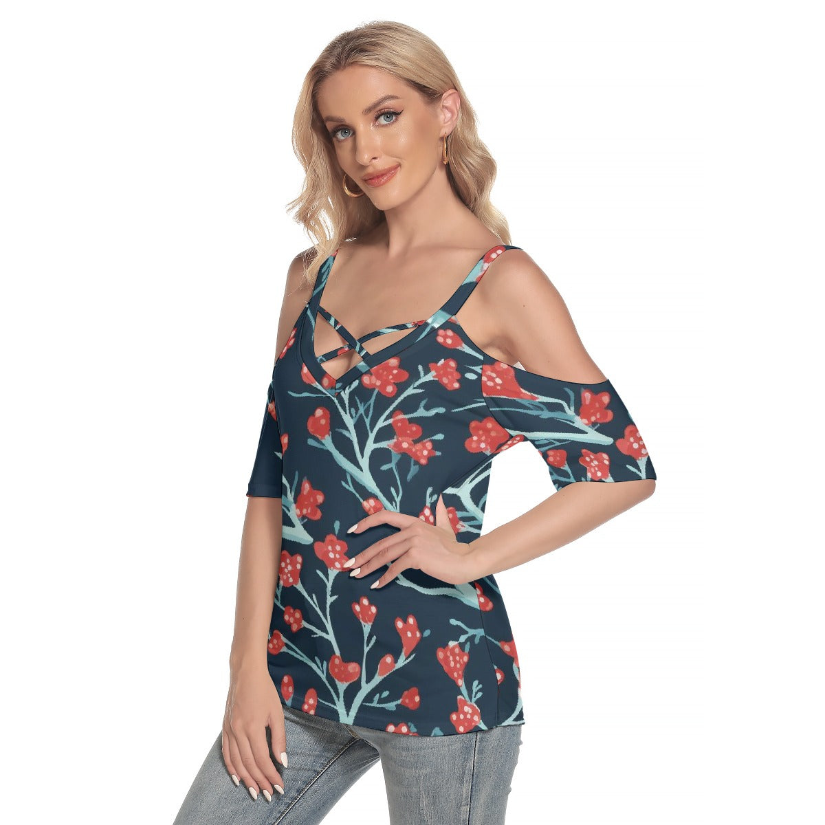 All-Over Print Women's Cold Shoulder T-shirt With Criss Cross Strips