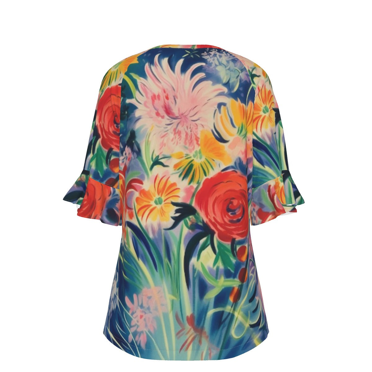 All-Over Print V-neck Women's T-shirt With Bell Sleeve