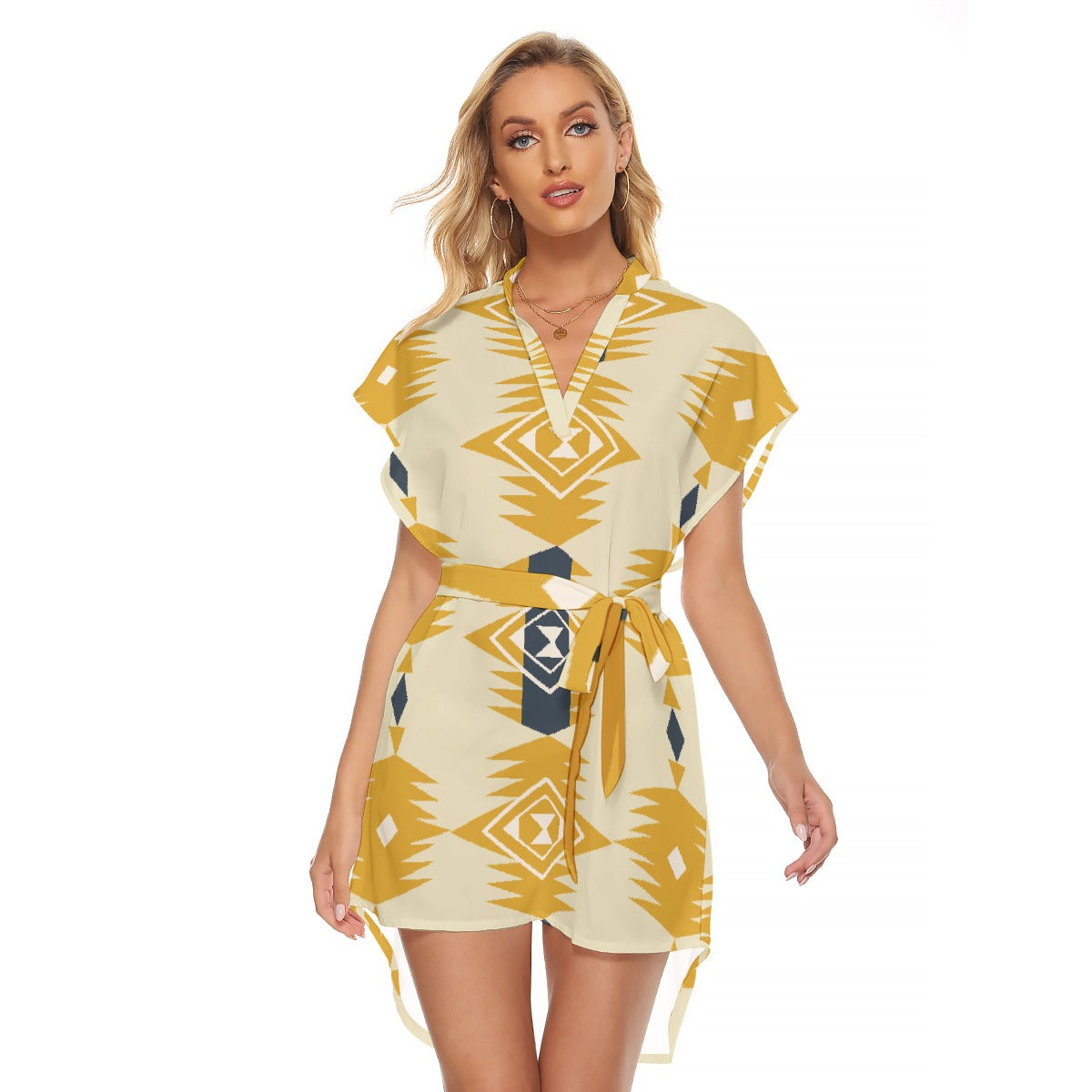 All-Over Print Women's Stand-up Collar Casual Dress With Belt