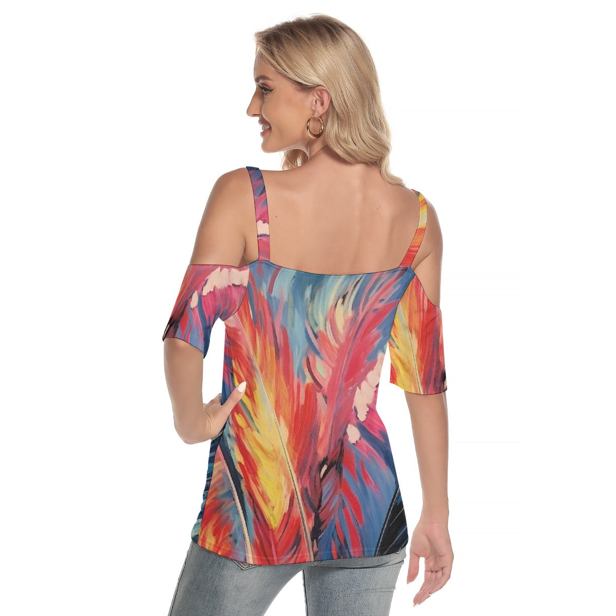 All-Over Print Women's Cold Shoulder T-shirt With Criss Cross Strips