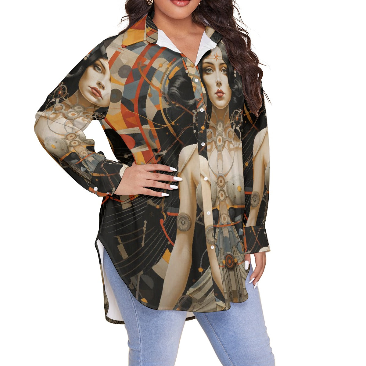 All-Over Print Women's Shirt With Long Sleeve(Plus Size)