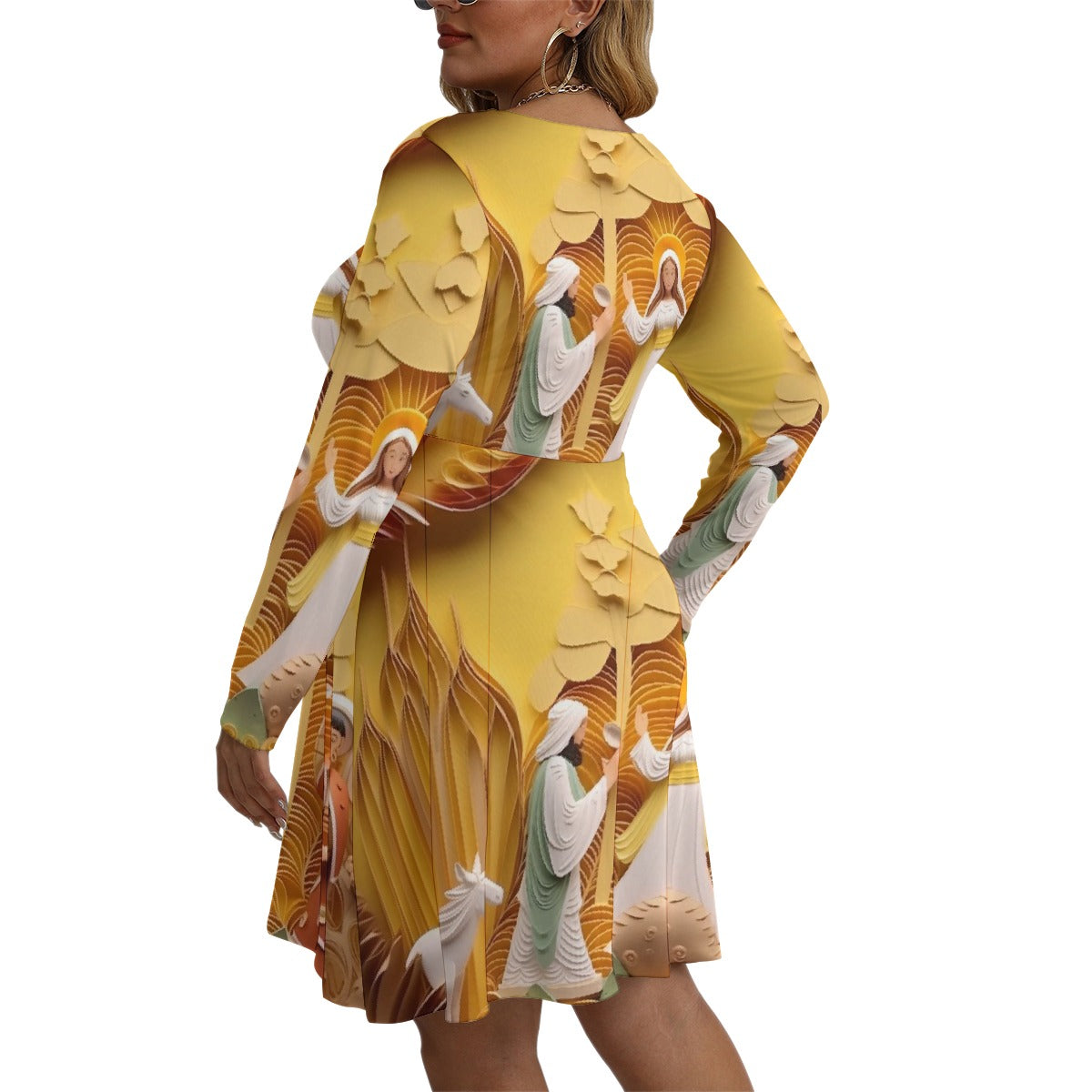 All-Over Print Women's V-neck Long Sleeve Dress(Plus Size)