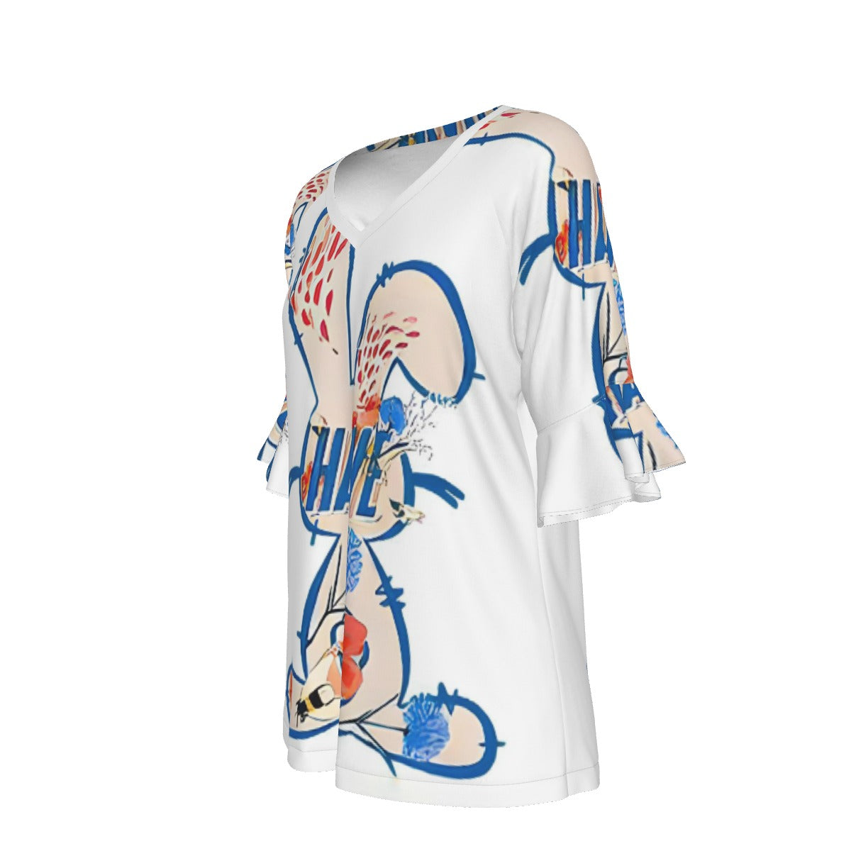 All-Over Print V-neck Women's T-shirt With Bell Sleeve