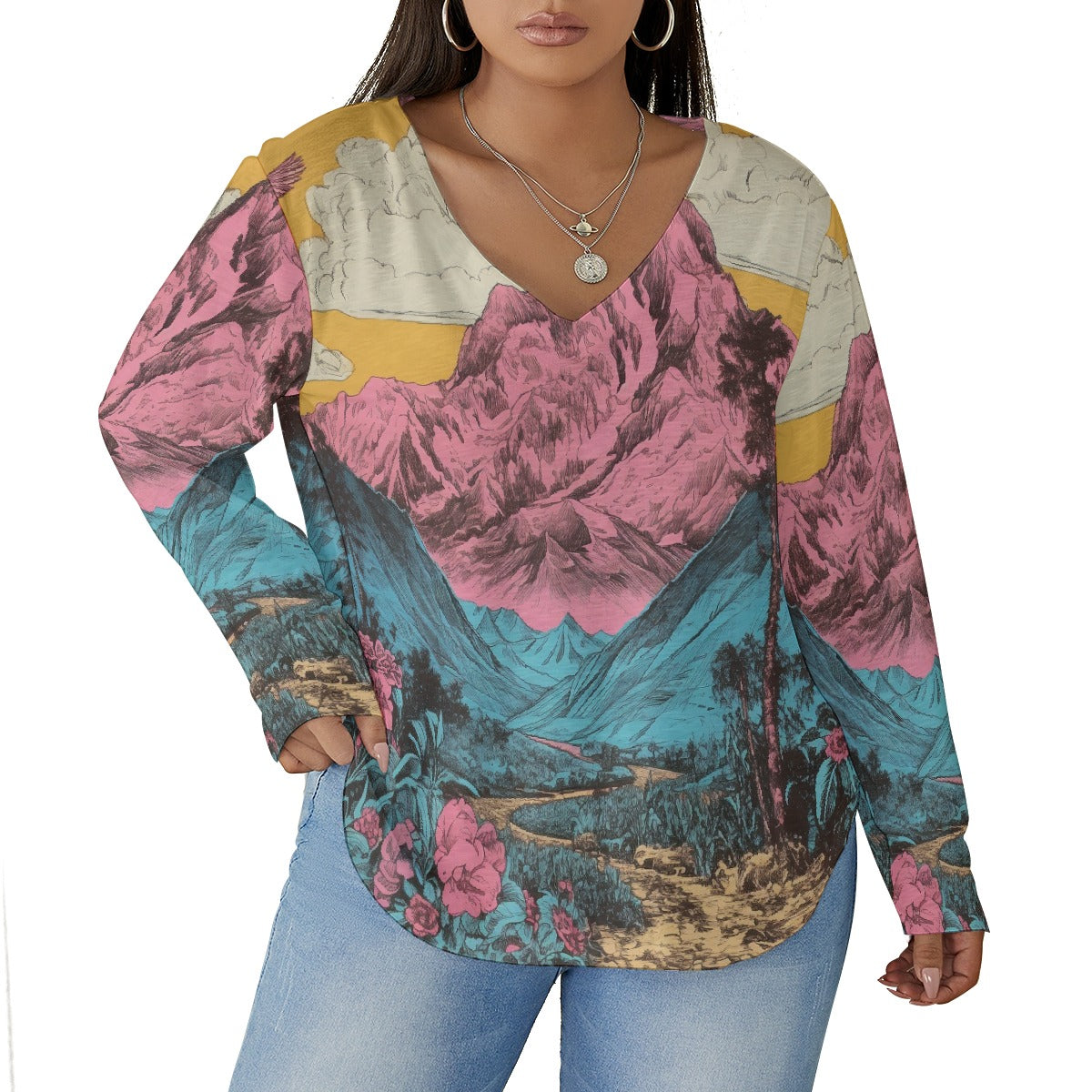 All-Over Print Women's V-neck T-shirt With Curved Hem(Plus Size)