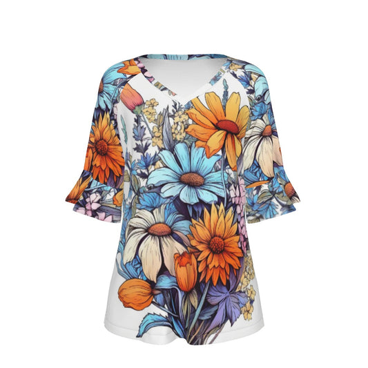 All-Over Print V-neck Women's T-shirt With Bell Sleeve