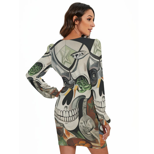 All-Over Print Women's Long Sleeve Dress With Waist Belt