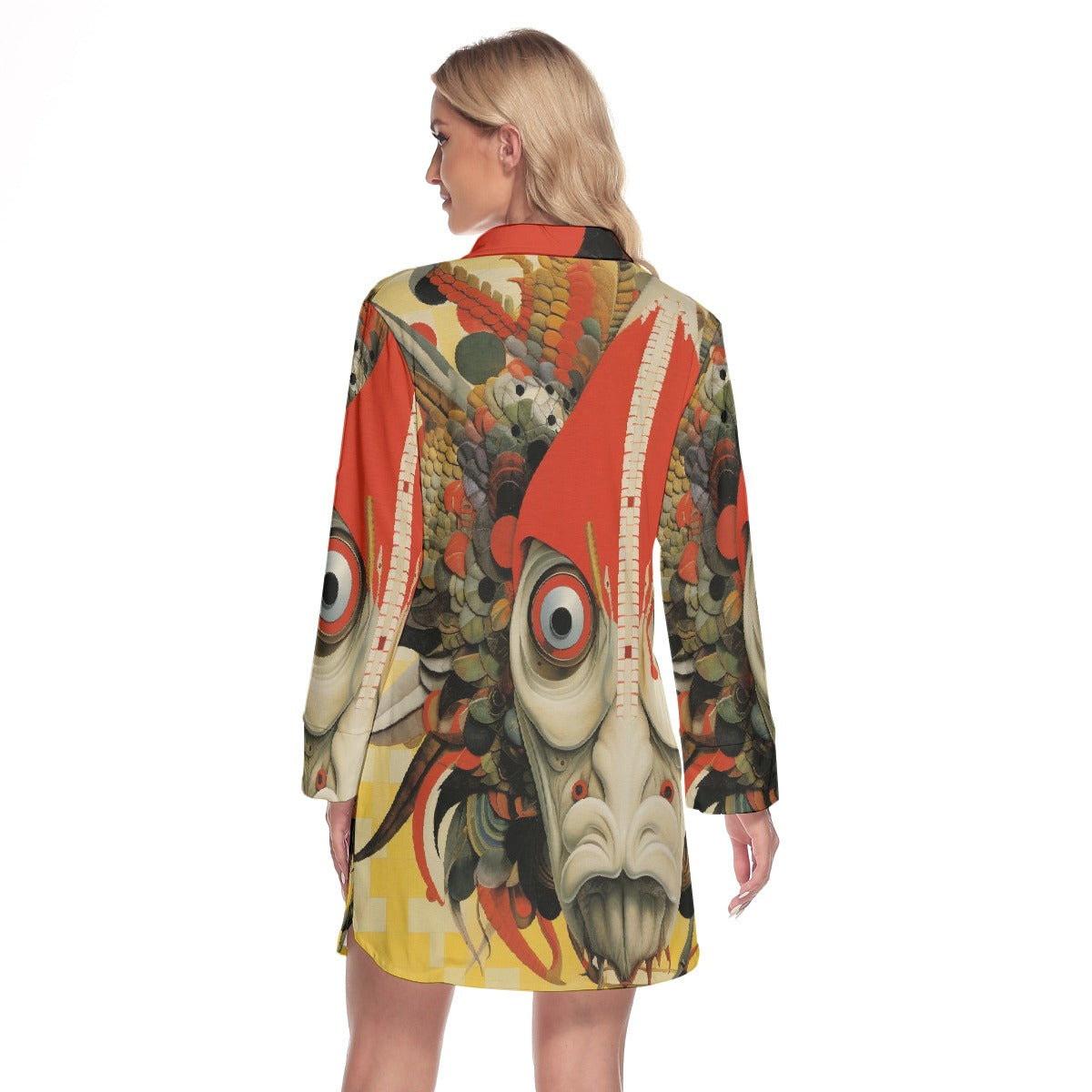 All-Over Print Women's Lapel Shirt Dress With Long Sleeve