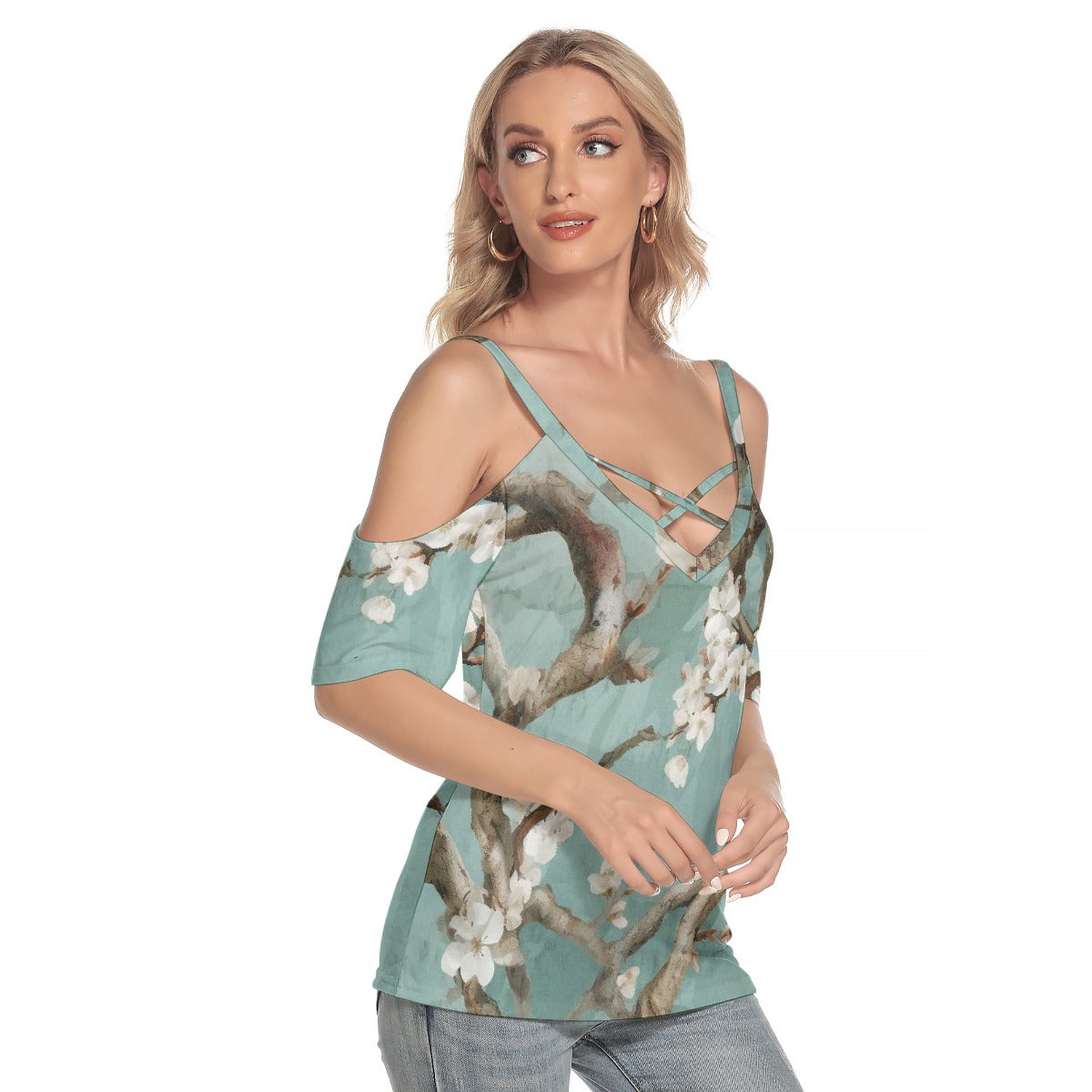 All-Over Print Women's Cold Shoulder T-shirt With Criss Cross Strips