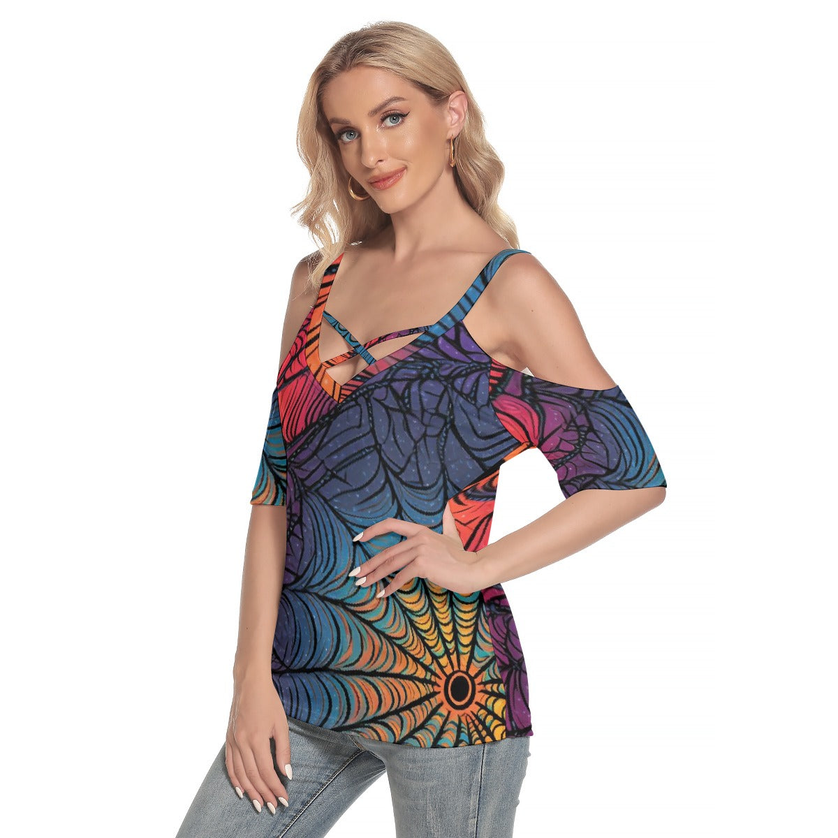 All-Over Print Women's Cold Shoulder T-shirt With Criss Cross Strips