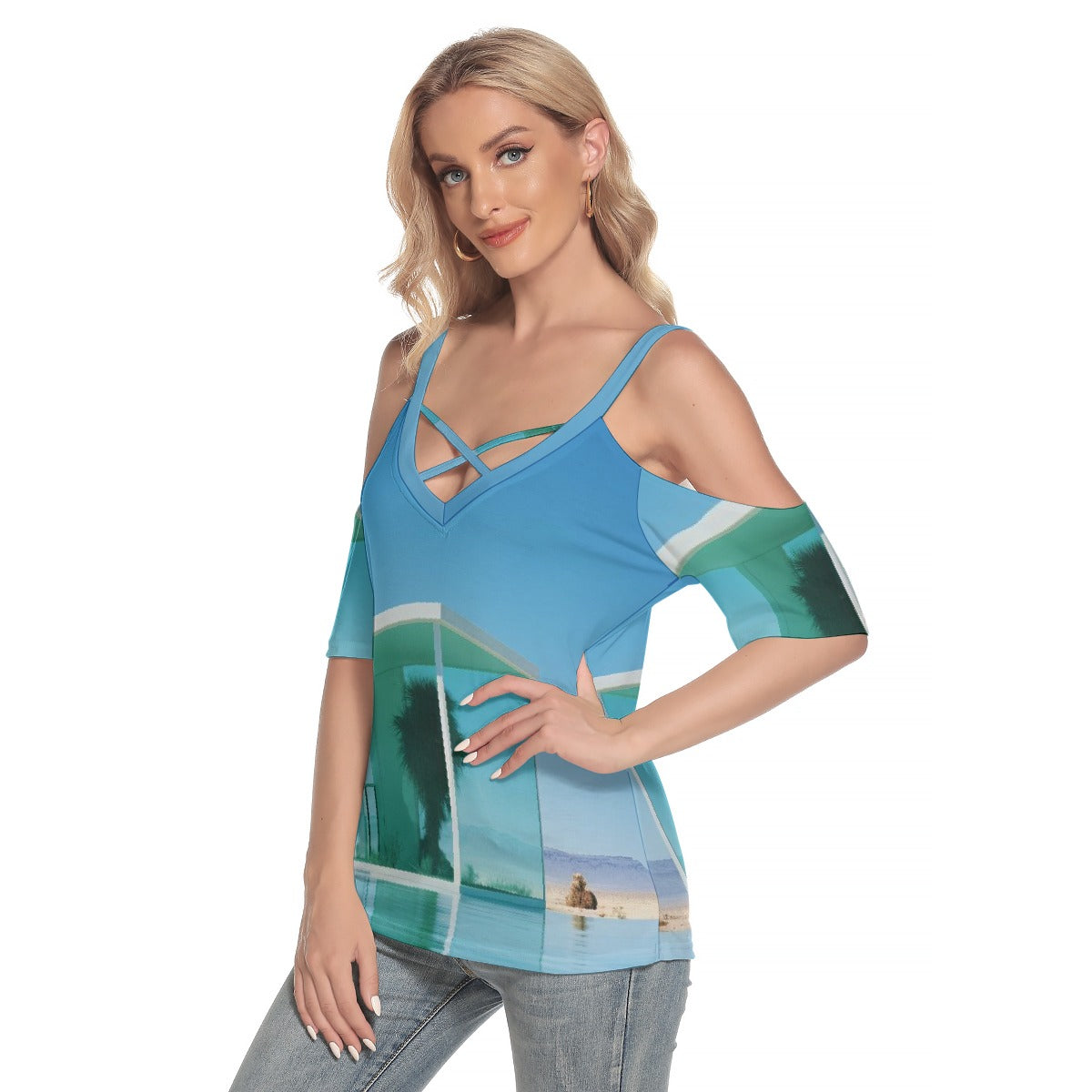 All-Over Print Women's Cold Shoulder T-shirt With Criss Cross Strips