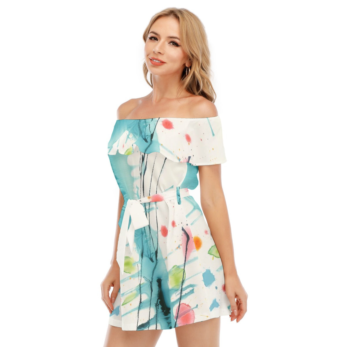 All-Over Print Women's Off-shoulder Dress With Ruffle