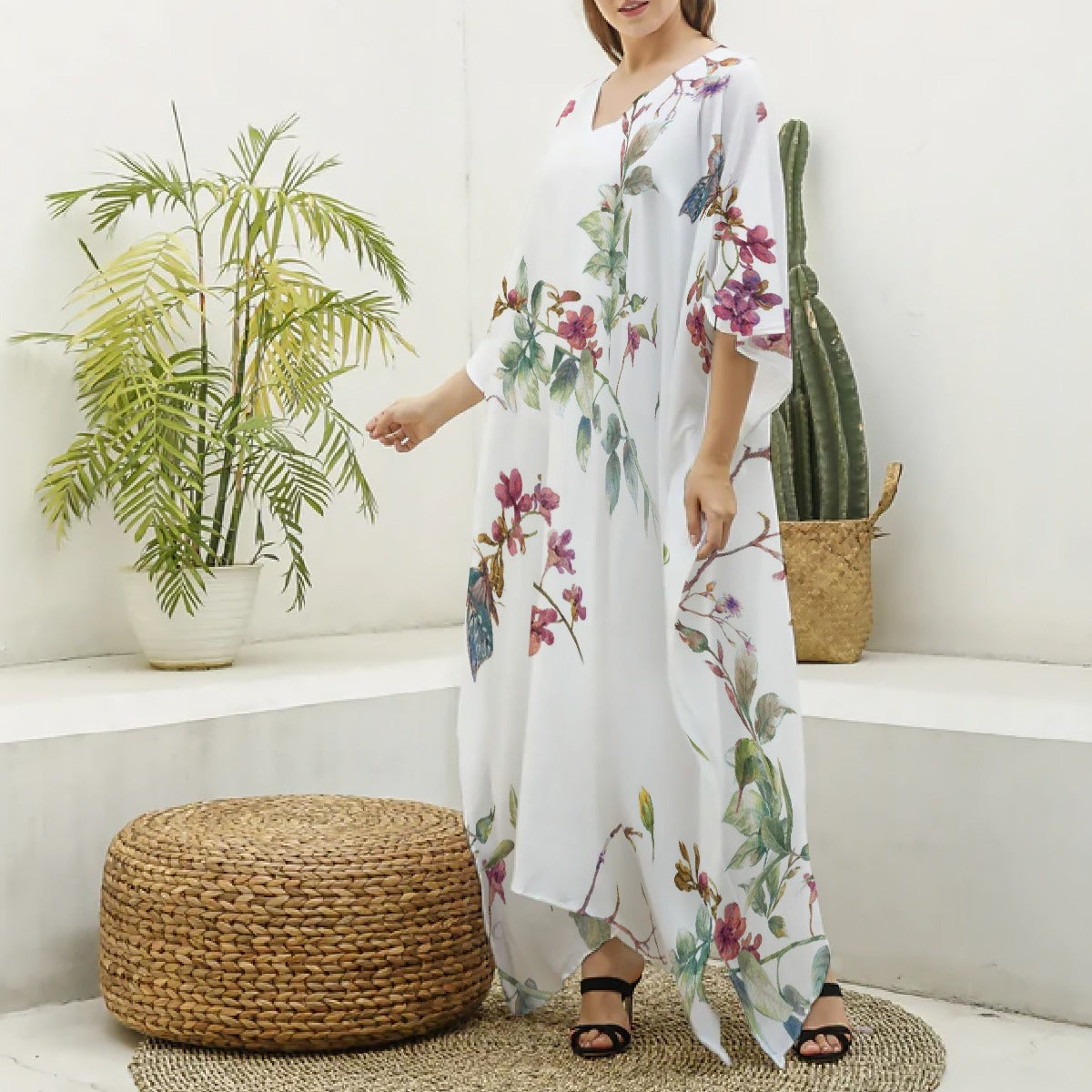 All-Over Print Women's Imitation Silk V-neck Kaftan Robe