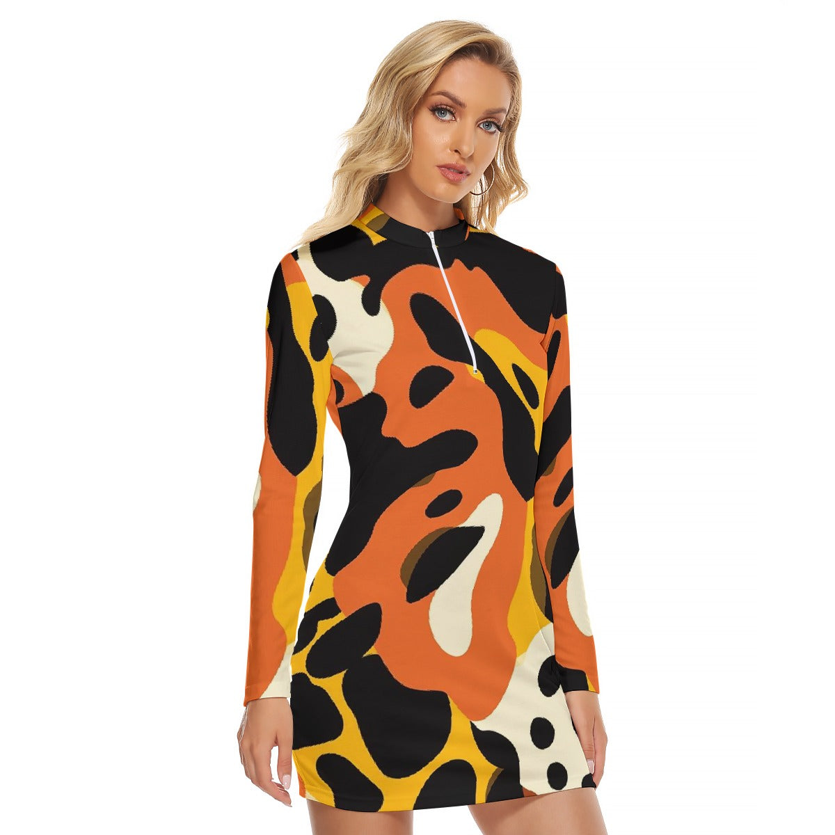 All-Over Print Women's Zip Front Tight Dress