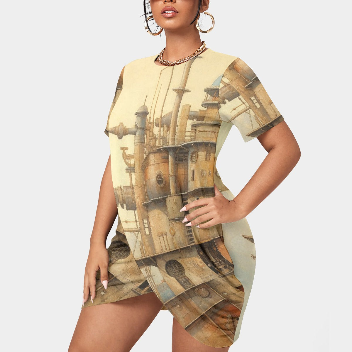 All-Over Print Women’s Stacked Hem Dress With Short Sleeve（Plus Size）