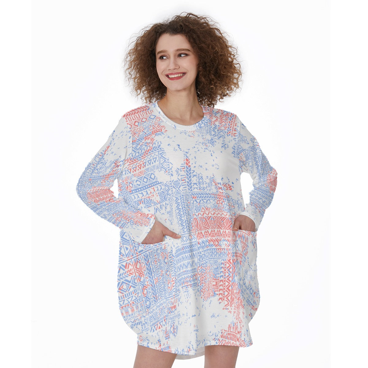 All-Over Print Women's Casual Loose Long Sleeve Dress With Pocket