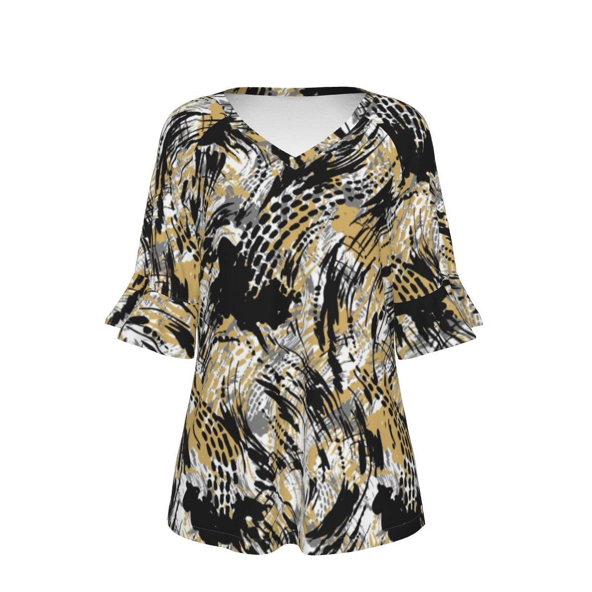 All-Over Print V-neck Women's T-shirt With Bell Sleeve