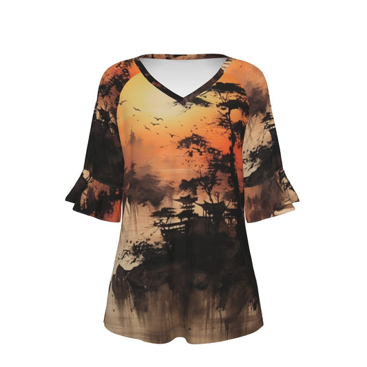 All-Over Print V-neck Women's T-shirt With Bell Sleeve