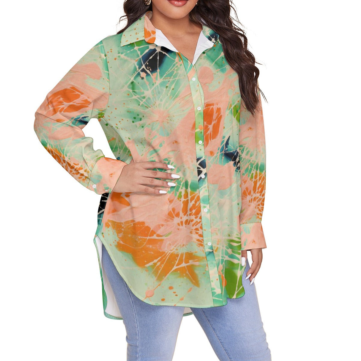 All-Over Print Women's Shirt With Long Sleeve(Plus Size)