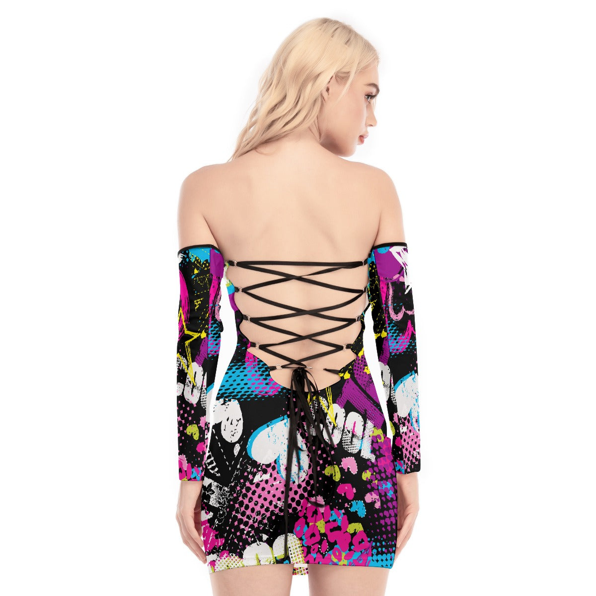 All-Over Print Women's Off-shoulder Back Lace-up Dress