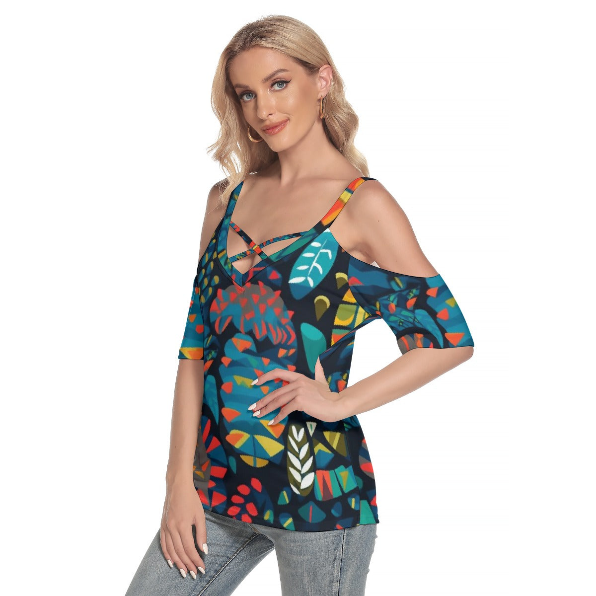 All-Over Print Women's Cold Shoulder T-shirt With Criss Cross Strips