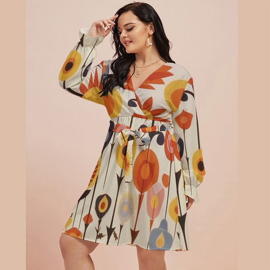 All-Over Print Women's V-neck Dress With Waistband(Plus Size)